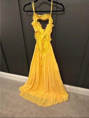 Yellow Spaghetti-Strap Maxi Dress with Ruffle Detail